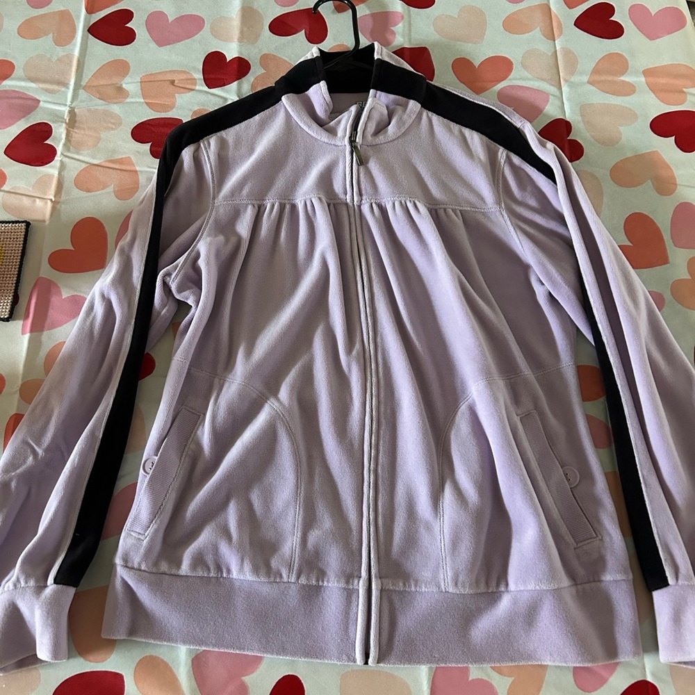 Elegant Lavender purple velour Jacket with Black Accents. Soft & cozy. Large